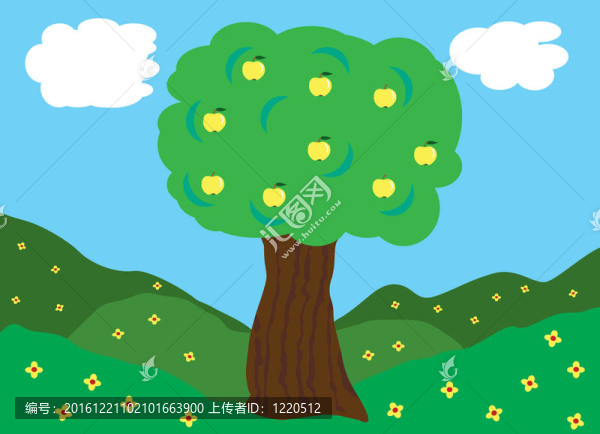 綠色田野上的蘋果樹