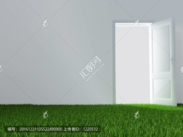 白色的墻；打開的門和多汁的綠色草坪