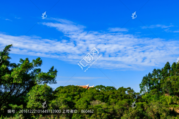 遠(yuǎn)方一座寺廟,綠樹,綠山,山景