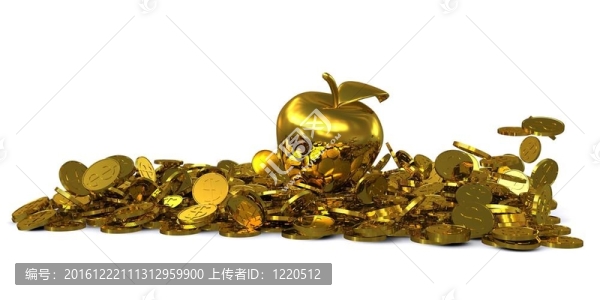 金色金幣上的金蘋果。3D渲染