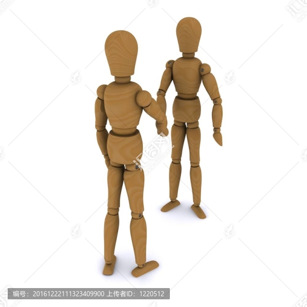 兩個木制玩偶的握手。3D渲染