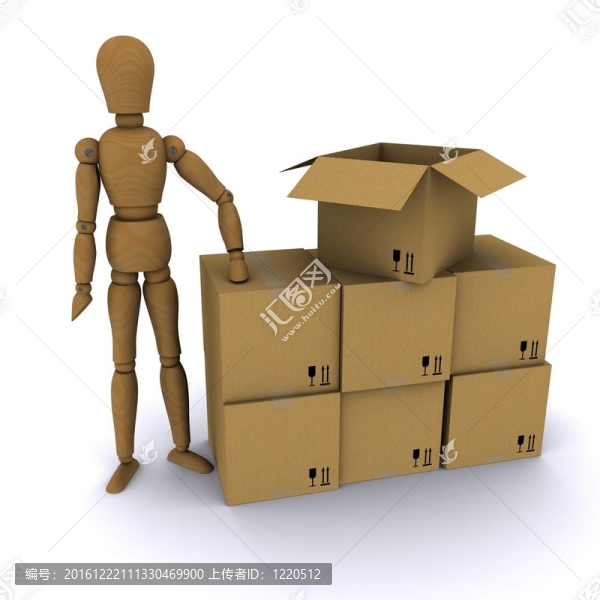 木制人和紙板箱。3D渲染