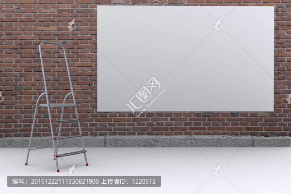 墻上的白色海報磚墻。金屬樓梯。3D渲染