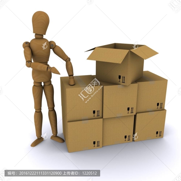 木頭手指向一個紙板箱。3D渲染