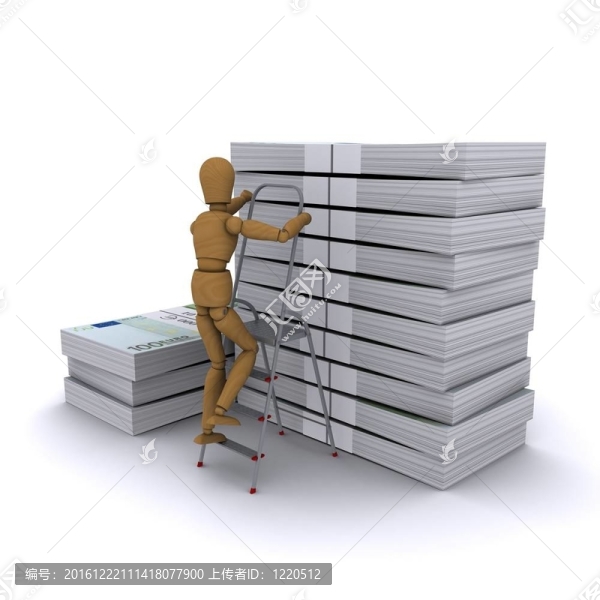 木頭人爬上一堆梯子。3D渲染