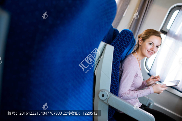 年輕女子坐火車旅行時使用平板電腦