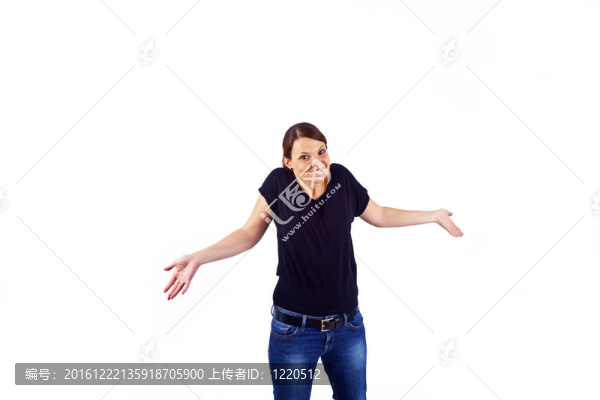 快樂的年輕漂亮的女人還用手