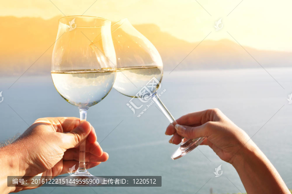 雙手拿著wineglases對(duì)Lavaux地區(qū)的葡萄園；瑞士