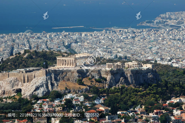 從Athens市Lykavittos山最高點觀阿克羅波利斯；希臘；Balkans