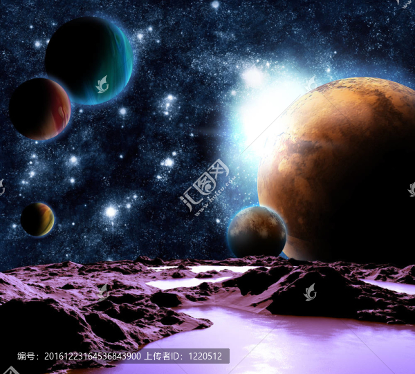抽象的行星與水的圖像。尋找新的來源和技術(shù)。遙遠行星旅行的未來。