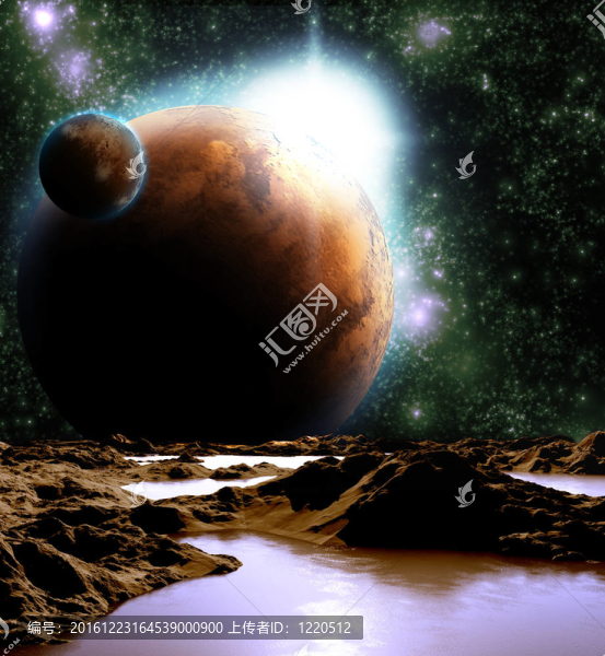 抽象的行星與水的圖像。尋找新的來源和技術(shù)。遙遠(yuǎn)行星旅行的未來。