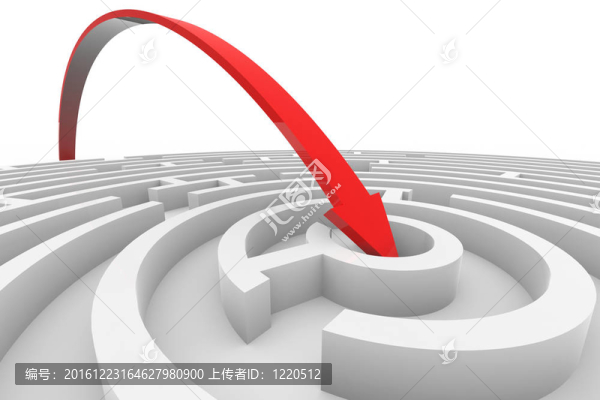 箭頭跳躍到白色迷宮的中心。成功觀。計(jì)算機(jī)生成圖像。