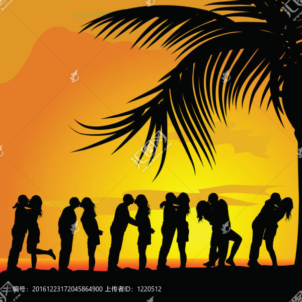 情侶在棕櫚樹下接吻剪影