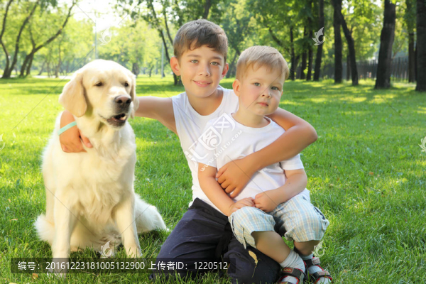 兩兄弟在公園里帶著狗