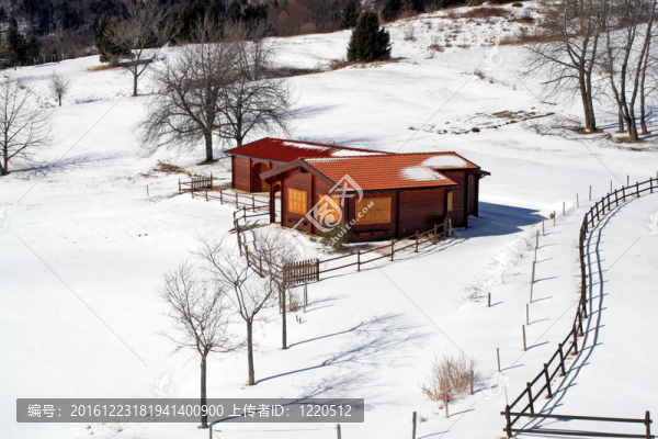 在覆蓋著雪的草地中間孤立的小山小屋