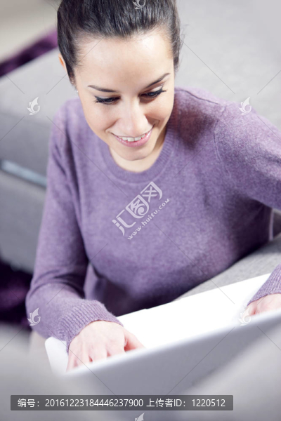 在家：年輕女人在筆記本電腦上工作
