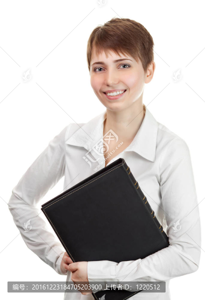 美麗自信的女人與白色背景的文件夾