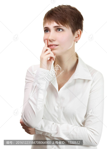 商業(yè)女性微笑看復制空間。美麗的年輕職業(yè)在白色背景下孤立。