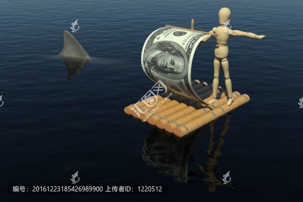 木筏上的木頭人，從一張美鈔上拿著帆。魚(yú)翅在木筏附近。3D渲染