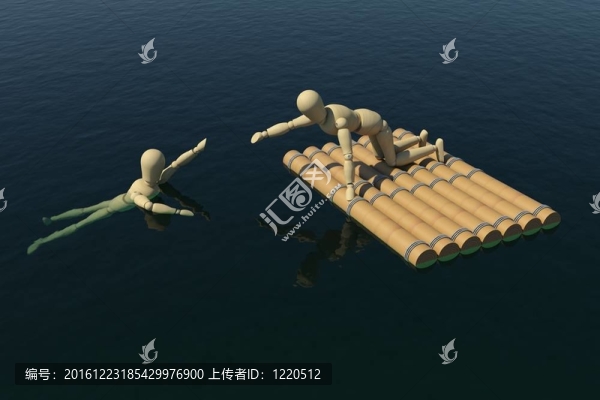 木筏上的木頭人拉著溺水者的手。3D渲染