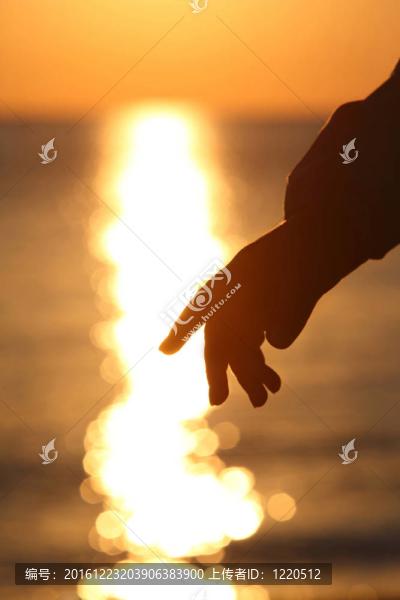 兒童手的輪廓與太陽在鹽水上的輪廓