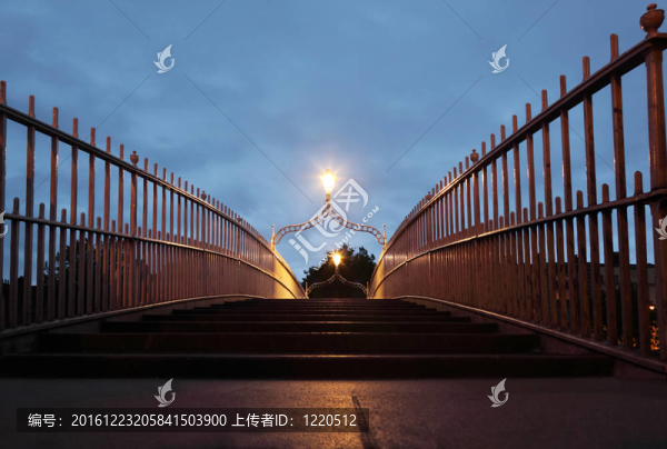 夜晚的便士橋。哈一分錢橋是一座步行橋建于1816在都柏林利菲河；愛爾蘭。