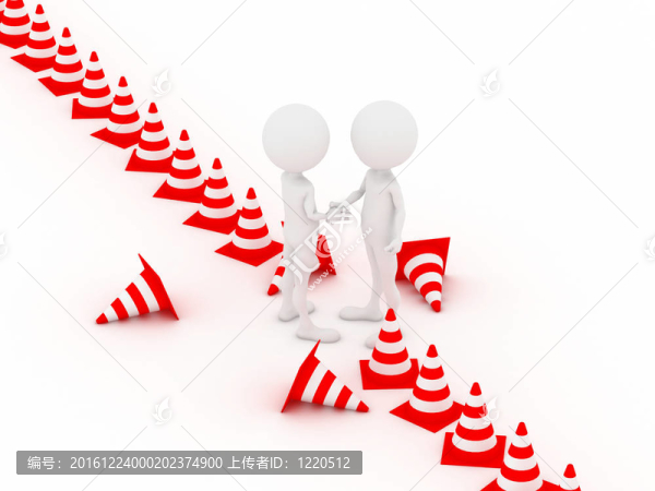 3D人站在握手路口警告位置交通錐。三維圖像。