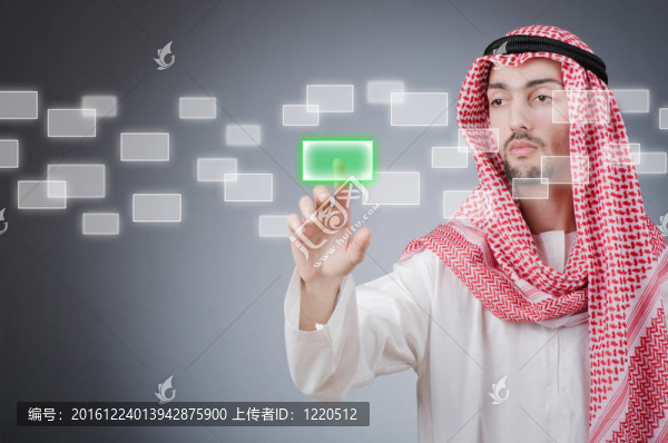 年輕阿拉伯人按下虛擬按鈕