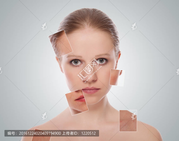 美容效果概念；治療與護(hù)膚。美容小姐面對前后的程序
