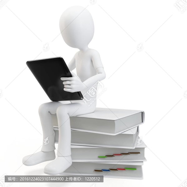 3D人坐在一堆書上用平板電腦工作