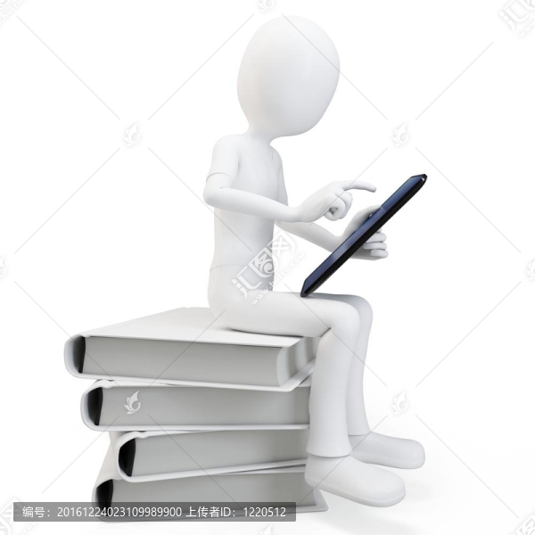 3D人坐在一堆書上用平板電腦工作