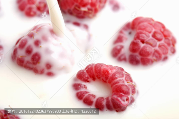 牛奶澆上新鮮的覆盆子