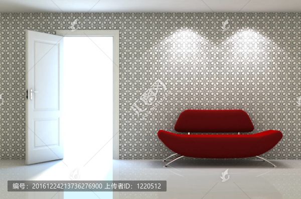 白色經(jīng)典墻的紅色沙發(fā)3D室內(nèi)場景