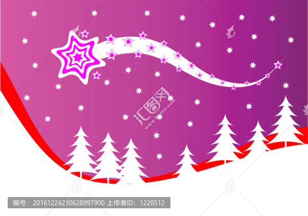 一個抽象的圣誕背景插圖與一顆流星在圣誕樹覆蓋的山