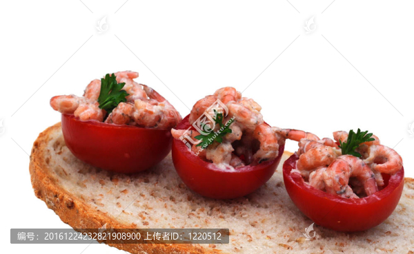三片番茄與蝦和香菜面包片；白色；淺自由度