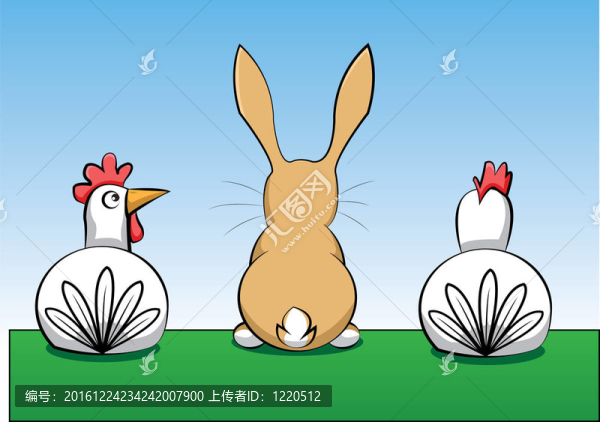 草地上有兩只母雞和一只兔子