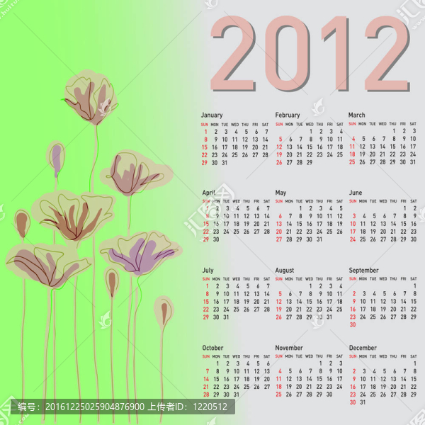 時(shí)尚日歷花2012。星期日星期開(kāi)始。