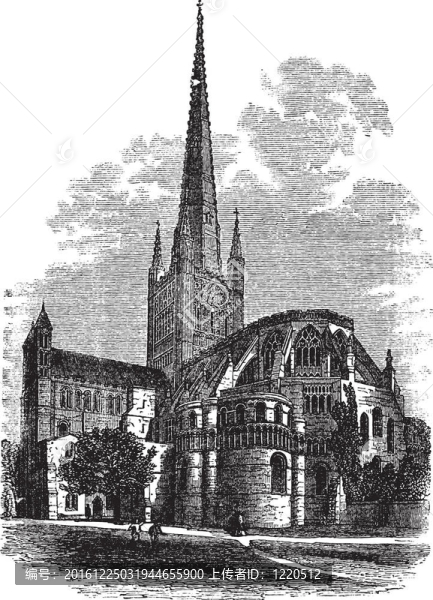 在Norfolk諾維奇大教堂；英國(guó)；英國(guó)；老式刻插圖