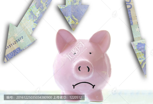 皺著眉頭，粉紅色的小豬存錢罐下歐元的箭