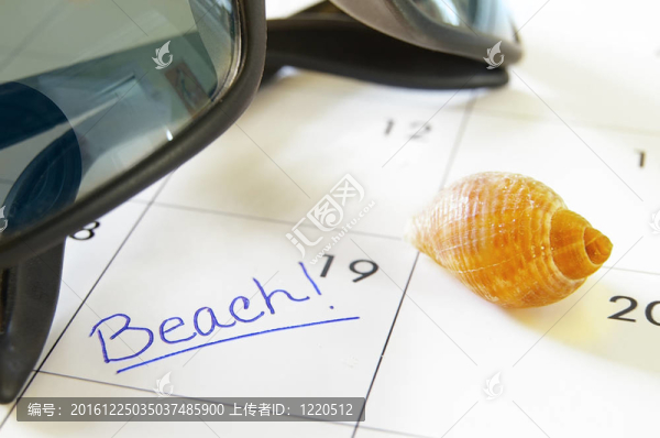 一個用貝殼和太陽鏡海灘文本日歷特寫