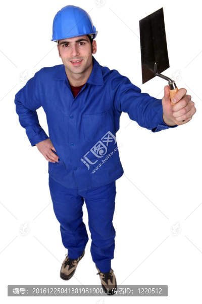 與男性抹灰工具站
