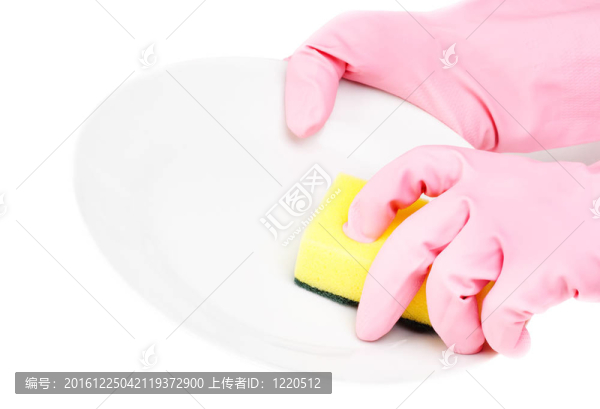 手套與乳膠保持海綿添加碗孤立在白色