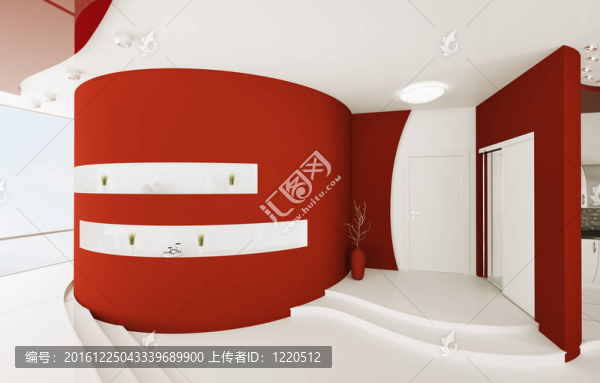 室內(nèi)紅色白色大廳3D渲染