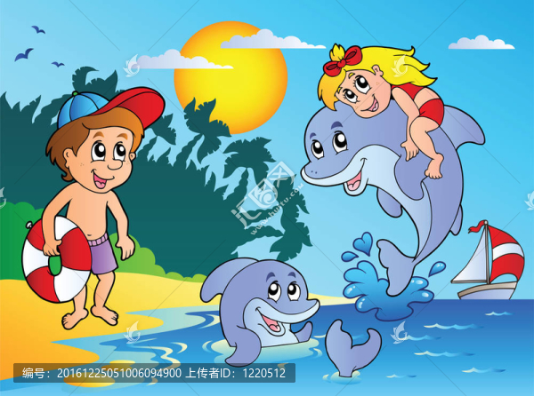 夏日海灘與孩子和海豚