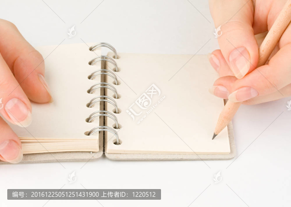 手和記事本孤立在白色