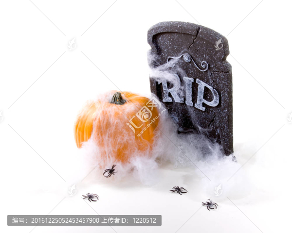 把墓地的墓碑；南瓜；蜘蛛網(wǎng)，蜘蛛