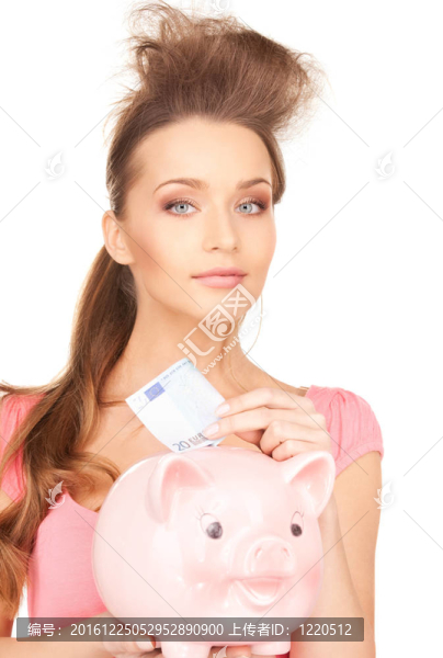 可愛(ài)的女人存錢罐和錢