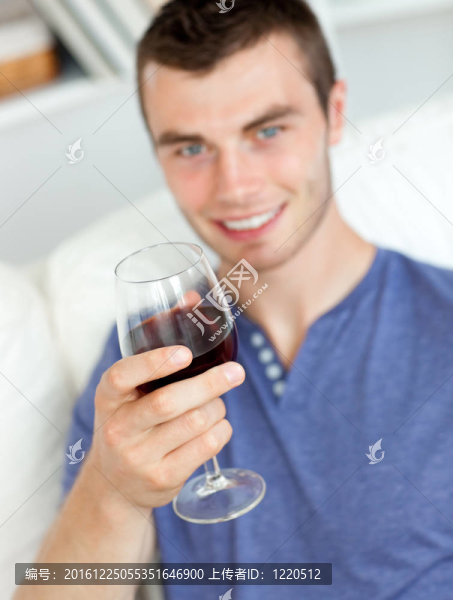 有魅力的年輕人拿著一杯酒坐在客廳的沙發(fā)上