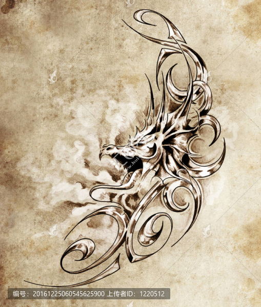 對(duì)素描藝術(shù)裝飾的中世紀(jì)龍紋身；