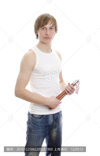 武術(shù)。人與nunchucks。白色隔離。